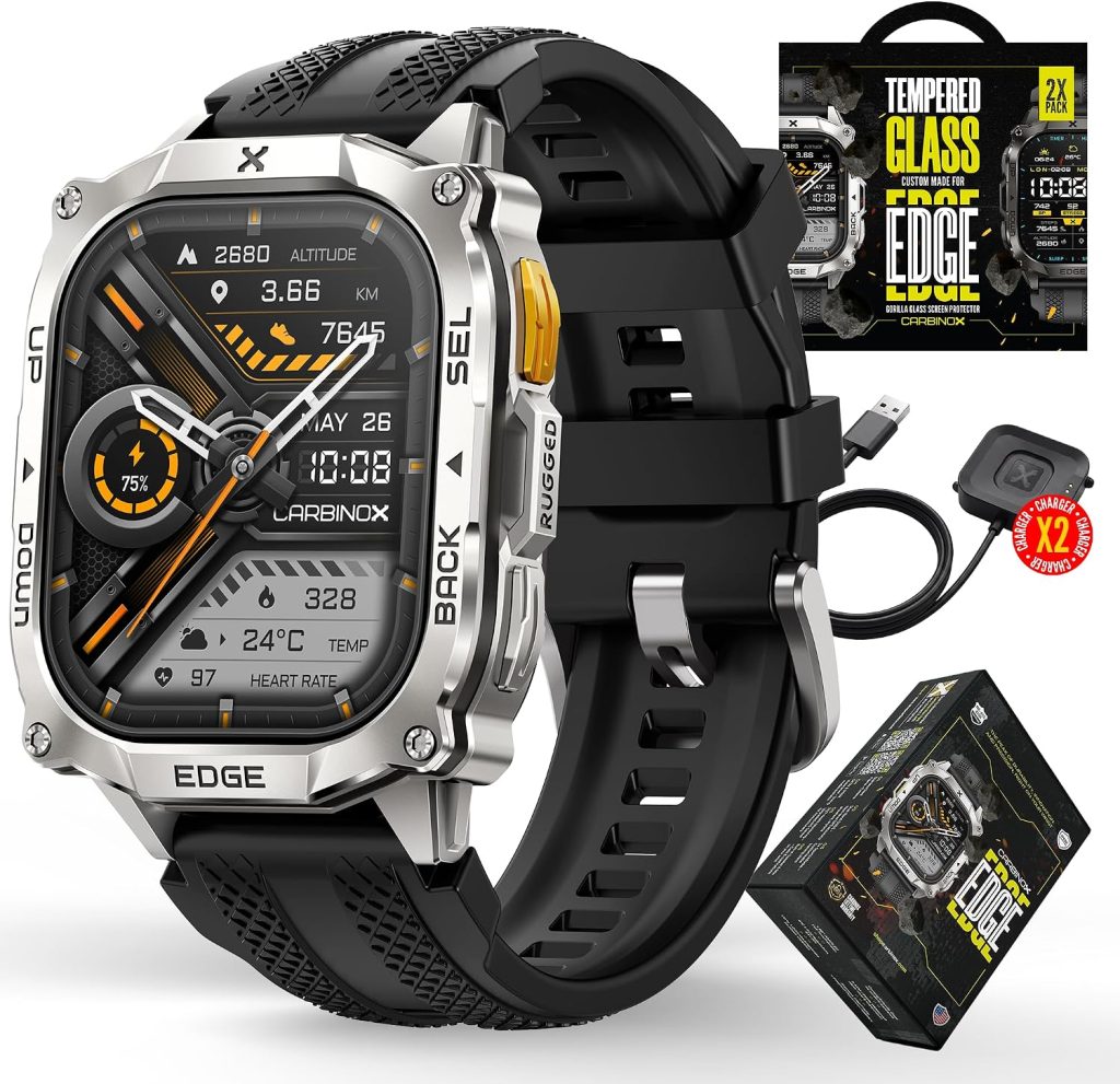 CARBINOX Edge Military Smart Watch for Men, Fitness Tracker, GPS, Silver