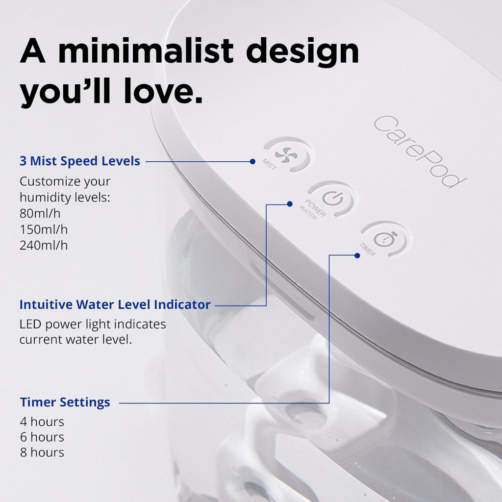 Carepod Mini 21P Ultrasonic Cool Mist Humidifier Whisper-Quiet Filter-Free Easy Clean – Only 3 Washable Parts to Clean, Auto Shut-off, 0.74gal 2.8l Tank, Nursery, Baby, Kids Bedrooms