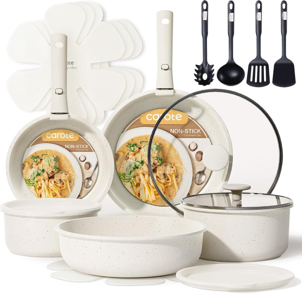 CAROTE 19pcs Pots and Pans Set Non Stick, Detachable Handle Cookware, White