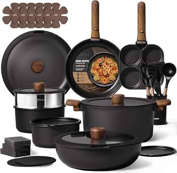 CAROTE 33pcs Pots and Pans Set Non Stick, Detachable Handle Cookware, Black