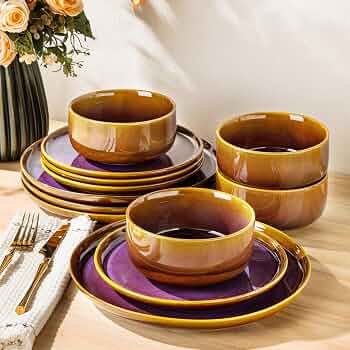 Ceramic Dinnerware Set for 4, 12-Piece Plates and Bowls Set
