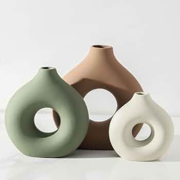 Ceramic Vase Home Table Decor – Flower Vases Set of 3 Small Living Room Centerpiece Decorations for Shelf Bedroom Office Kitchen Dining Desk Modern Aesthetic Farmhouse Decorative (Brown)