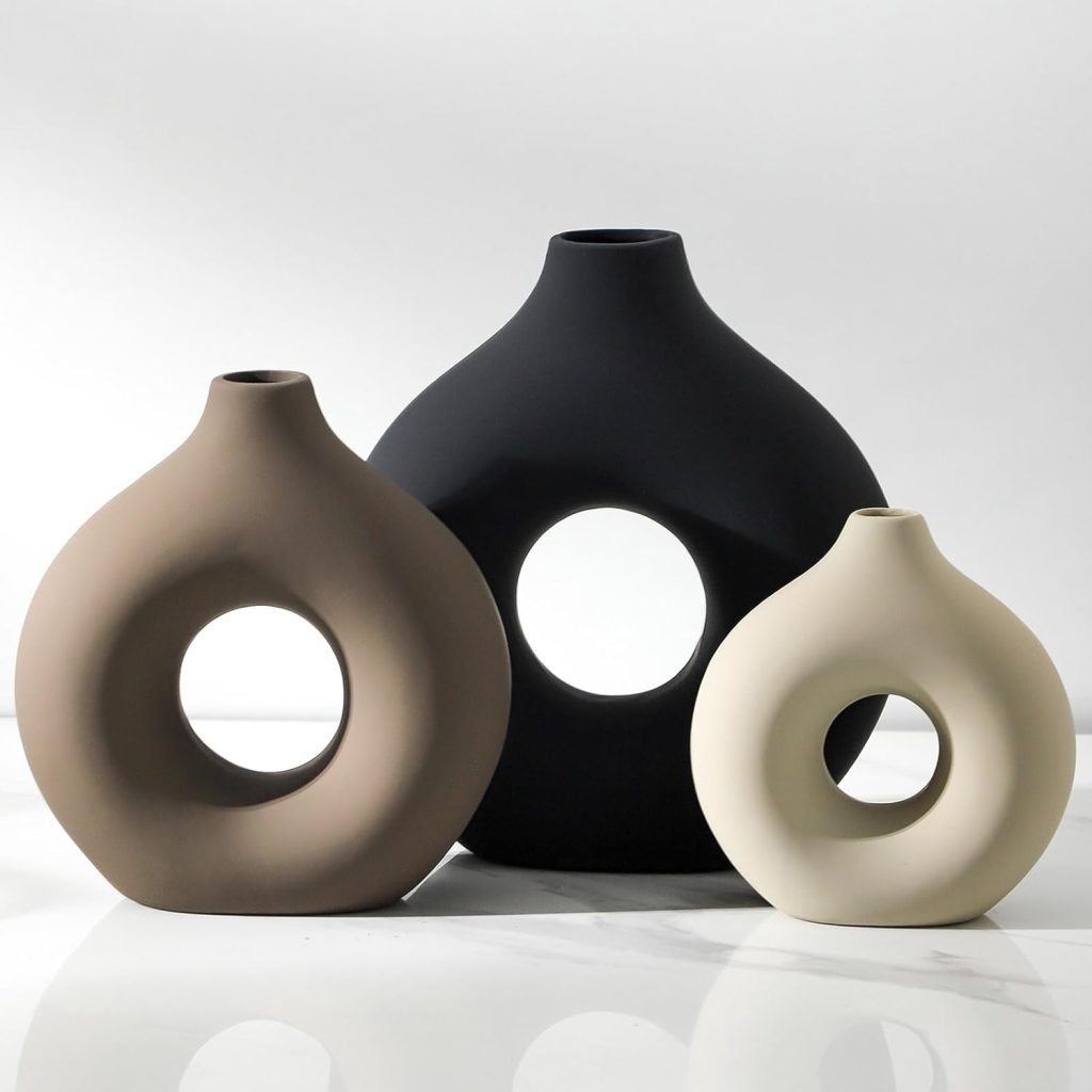Ceramic Vase Home Table Decor – Flower Vases Set of 3 Small Living Room Centerpiece Decorations for Shelf Bedroom Office Kitchen Dining Desk Modern Aesthetic Farmhouse Decorative (Classic)