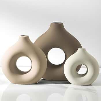 Ceramic Vase Home Table Decor – Flower Vases Set of 3 Small Living Room Centerpiece Decorations for Shelf Bedroom Office Kitchen Dining Desk Modern Aesthetic Farmhouse Decorative (Farmhouse)