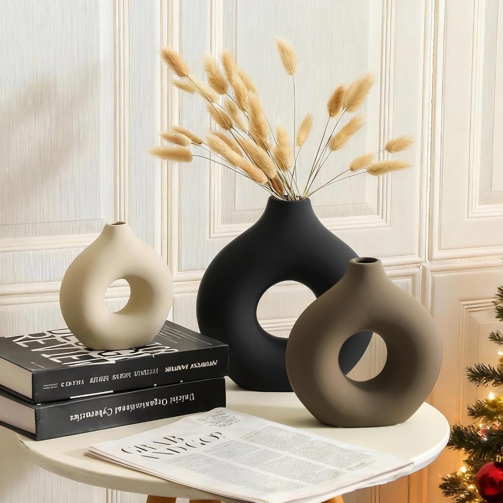 Ceramic Vase Home Table Decor – Flower Vases Set of 3 Small Living Room Centerpiece Decorations for Shelf Bedroom Office Kitchen Dining Desk Modern Aesthetic Farmhouse Decorative (Classic)