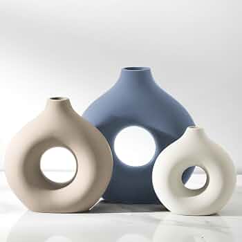 Ceramic Vase Home Table Decor – Flower Vases Set of 3 Small Living Room Centerpiece Decorations for Shelf Bedroom Office Kitchen Dining Desk Modern Aesthetic Farmhouse Decorative (Blue)