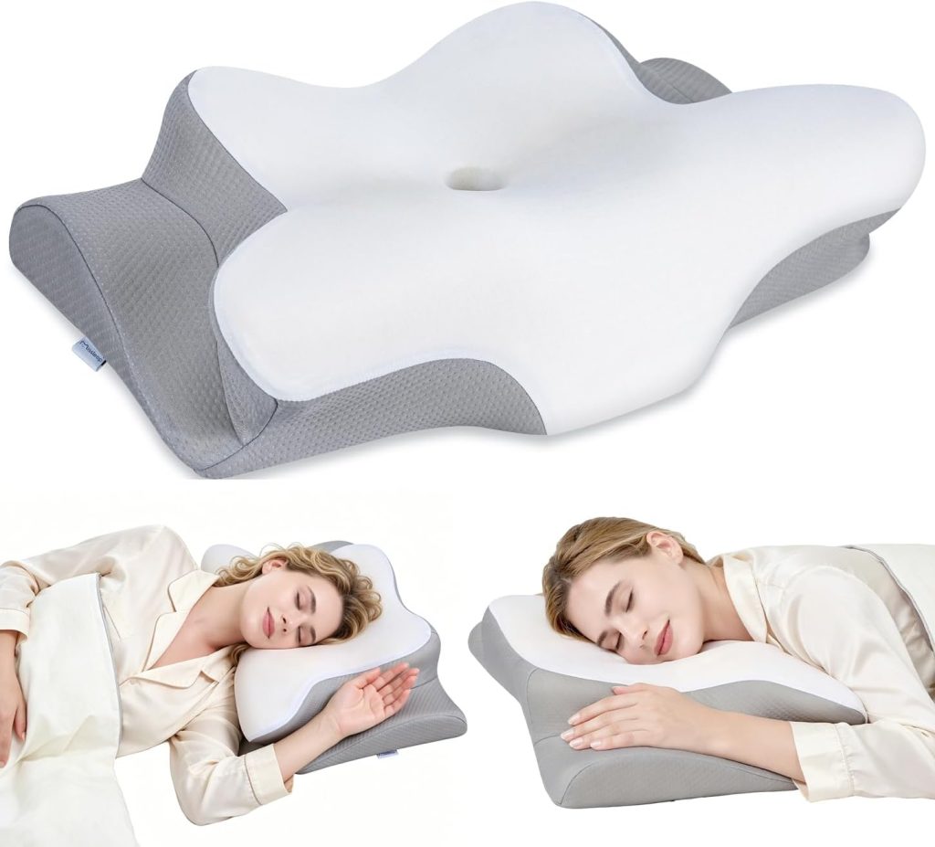 Cervical Neck Pillow, Memory Foam Pillows for Neck and Shoulder Pain Relief, 2 Heights Ergonomic Pillow with Breathable Ice Silk Cover, White