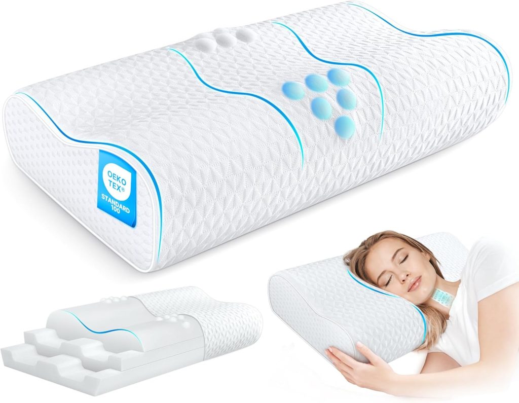 Cervical Neck Pillow for Pain Relief- Adjustable Queen Size Cooling Pillow for Sleeping, Memory Foam Pillows for Neck Shoulder, Ergonomic Contour Bed Pillow for Side, Stomach & Back Sleepers