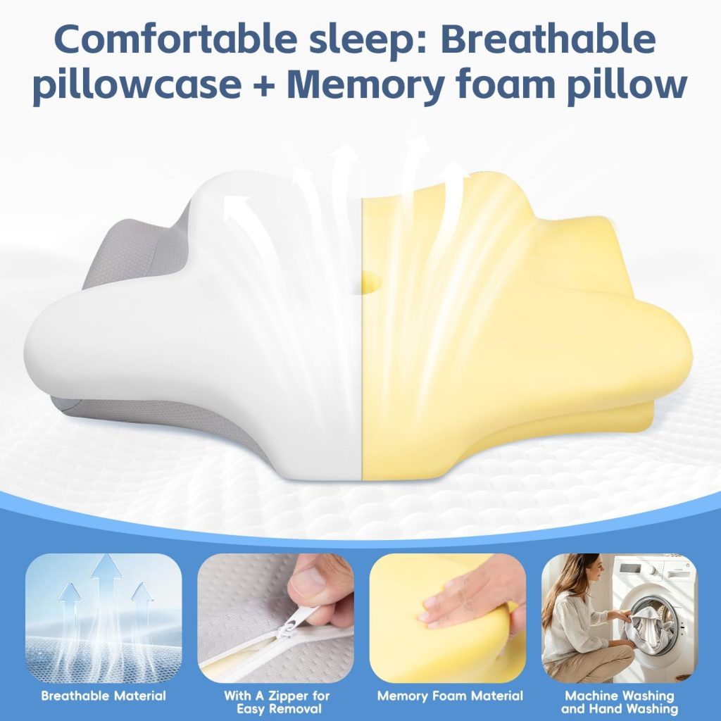 Cervical Neck Pillow, Memory Foam Pillows for Neck and Shoulder Pain Relief, 2 Heights Ergonomic Pillow with Breathable Ice Silk Cover, White