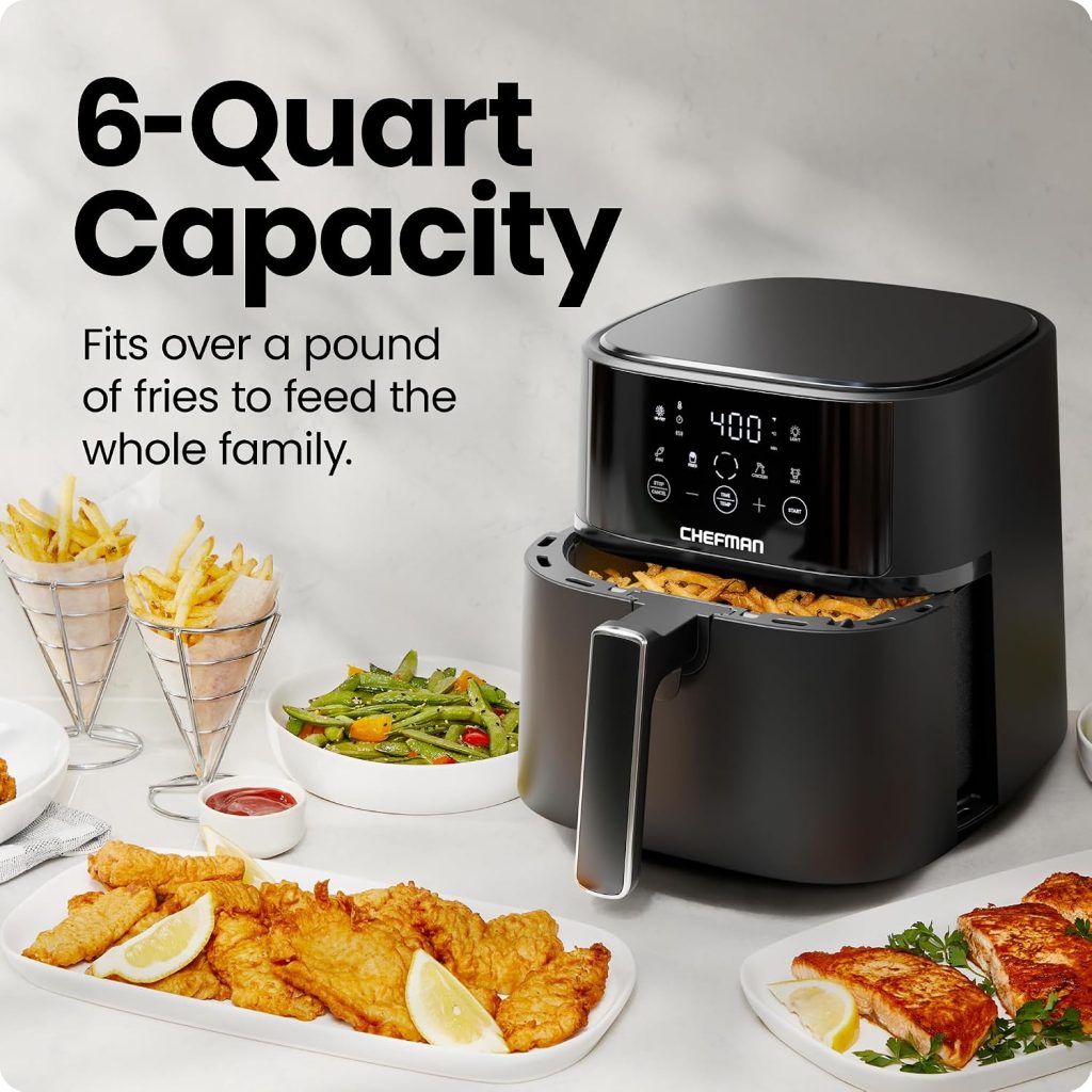 Chefman Air Fryer – 6 QT Compact Airfryer for Quick & Easy Meals in Minutes, Features Hi-Fry Technology for Extra Crisp, Touchscreen Controls with 4 Presets, Nonstick & Dishwasher Safe Basket – Black