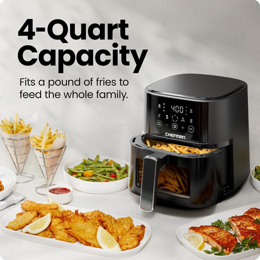 Chefman Air Fryer – 4 QT Compact Airfryer for Quick & Easy Meals, Features Hi-Fry Technology for Extra Crisp, Easy-View Window, Touch Controls with 4 Presets, Nonstick & Dishwasher Safe Basket – Black