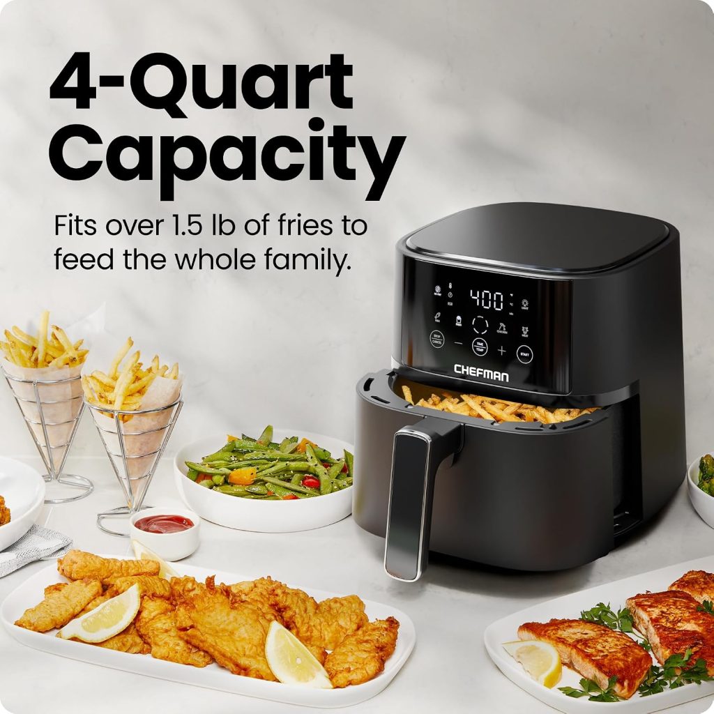 Chefman Air Fryer – 4 QT Compact Airfryer for Quick & Easy Meals in Minutes, Features Hi-Fry Technology for Extra Crisp, Touchscreen Controls with 4 Presets, Nonstick & Dishwasher Safe Basket – Black