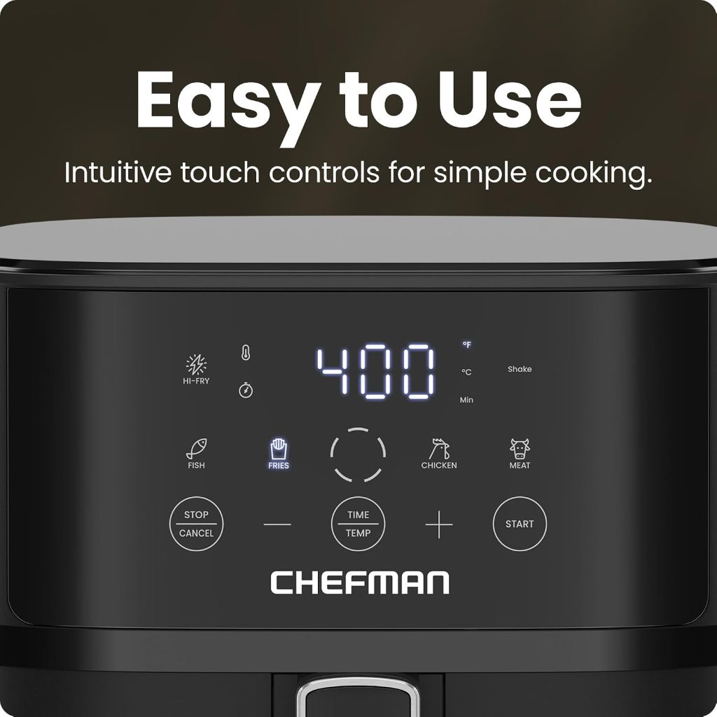 Chefman Air Fryer – 6 QT Compact Airfryer for Quick & Easy Meals in Minutes, Features Hi-Fry Technology for Extra Crisp, Touchscreen Controls with 4 Presets, Nonstick & Dishwasher Safe Basket – Black