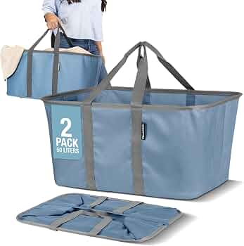 CleverMade Collapsible Laundry Baskets, 50L Tote 2 Pack, Denim