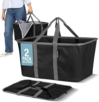 CleverMade Collapsible Laundry Baskets, 50L Tote 2 Pack, Black Gray