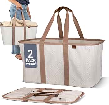 CleverMade Collapsible Laundry Baskets, 50L LUXE Tote 2 Pack, Cream