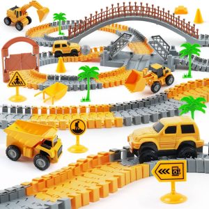 Construction Race Car Track Set for Kids – Flexible Engineering Toys with 2 Electric Cars, Birthday Gift for 3 4 5 6 7 Year Old Boys, DIY Road Games Playset with 220+ PCS