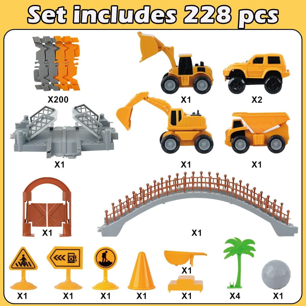 Construction Race Car Track Set for Kids – Flexible Engineering Toys with 2 Electric Cars, Birthday Gift for 3 4 5 6 7 Year Old Boys, DIY Road Games Playset with 220+ PCS
