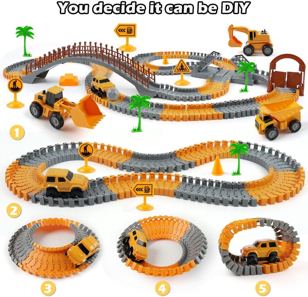 Construction Race Car Track Set for Kids – Flexible Engineering Toys with 2 Electric Cars, Birthday Gift for 3 4 5 6 7 Year Old Boys, DIY Road Games Playset with 220+ PCS
