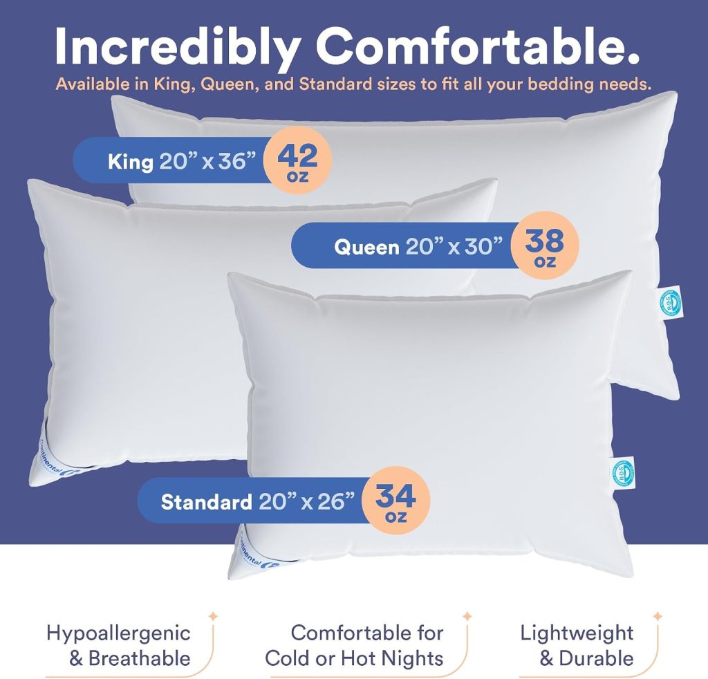Continental Bedding 50/50 Down Feather Pillow, Fluffy Hotel Quality Side Sleeper Support, Breathable 300TC Cotton, RDS and Oeko TEX Certified