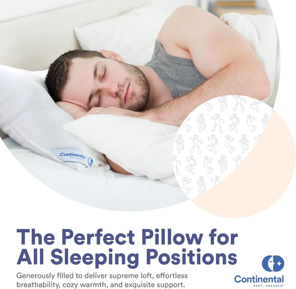 Continental Bedding 50/50 Down Feather Pillow, Fluffy Hotel Quality Side Sleeper Support, Breathable 300TC Cotton, RDS and Oeko TEX Certified