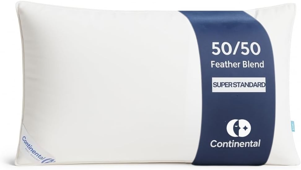 Continental Bedding 50/50 Down Feather Pillow, Fluffy Hotel Quality Side Sleeper Support, Breathable 300TC Cotton, RDS and Oeko TEX Certified
