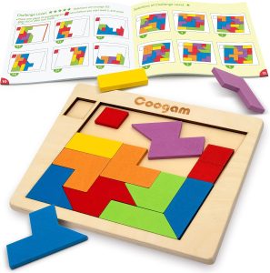 Coogam Wooden Puzzle Blocks Geometric Tangram Brain Teasers Jigsaw 3D Logic IQ Game Colorful Shape Pattern Montessori STEM Educational Toys Gift 60 Challenges for All Age
