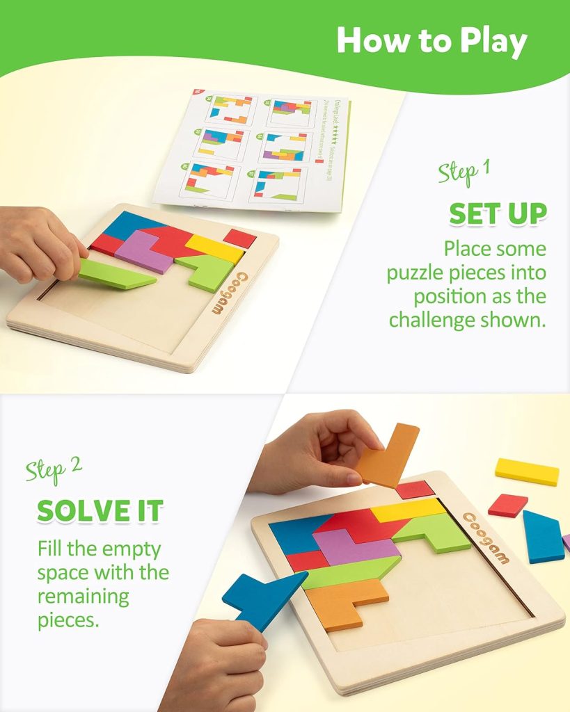 Coogam Wooden Puzzle Blocks Geometric Tangram Brain Teasers Jigsaw 3D Logic IQ Game Colorful Shape Pattern Montessori STEM Educational Toys Gift 60 Challenges for All Age