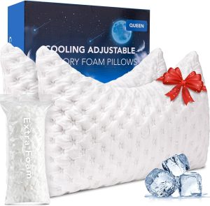 Cooling Side Sleeper Pillow for Neck and Shoulder Pain, Luxury Shredded Memory Foam Curved Bed Pillows for Sleeping Set of 2- Adjustable Queen Size- Washable Cover Crescent White