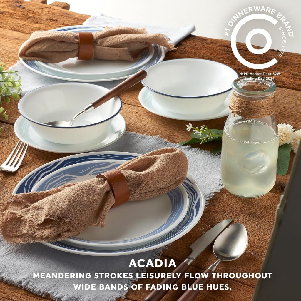 Corelle Vitrelle 18 Piece Glass Dinnerware Sets Service for 6, Triple Layer Chip & Crack Resistant Glass Plate and Bowl Sets, Acadia