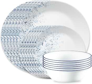 Corelle Vitrelle 18-Piece Service for 6 Dinnerware Set Triple Layer Glass and Chip Resistant, Lightweight Round Plates and Bowls Set, Indigo Speckle