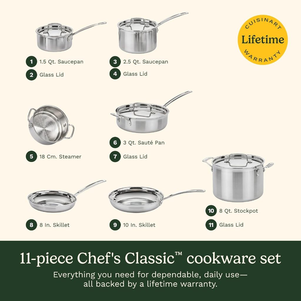 Cuisinart Chef’s Classic 11-Piece Stainless Steel Cookware Set, 77-11G