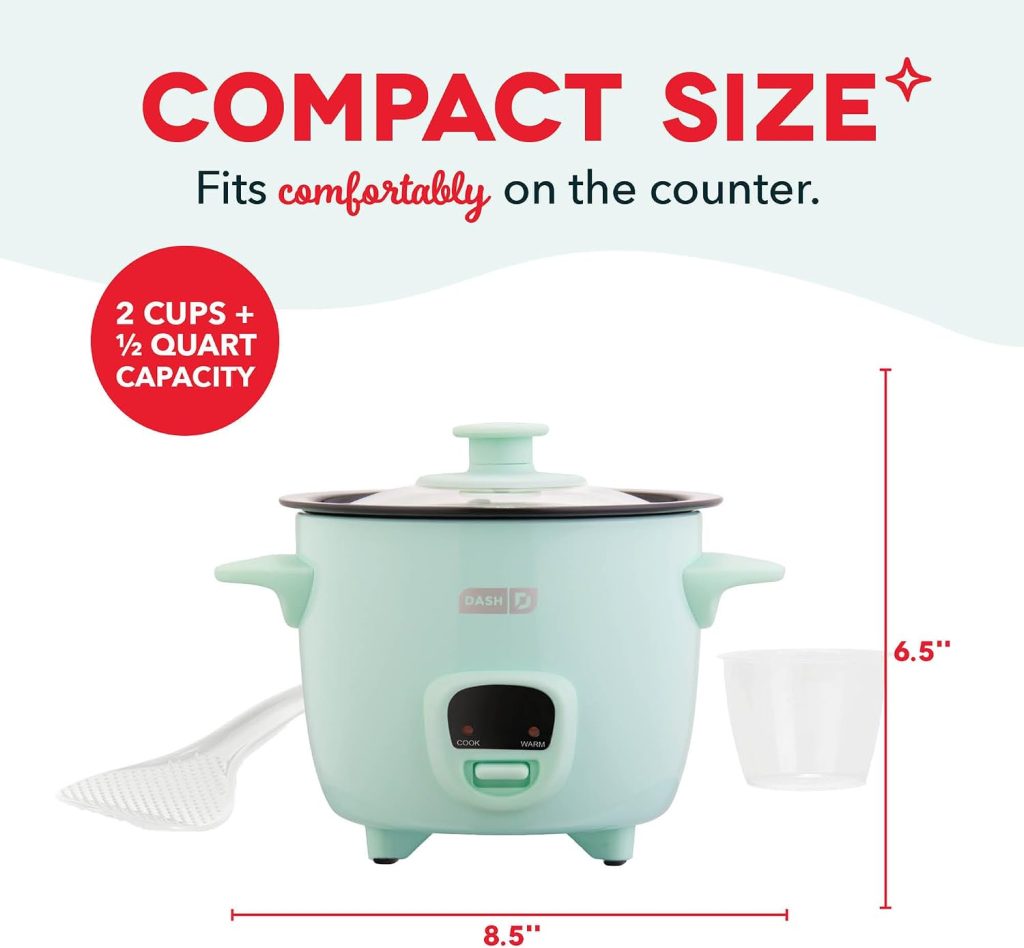 Dash Mini Rice Cooker – Designed for Single-Serve Cooking – Compact Rice Cooker with Nonstick Removable Pot, Keep Warm Function & Easy-to-Clean Sleek Design – Aqua