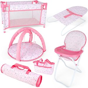deAO Baby Doll Accessories Set with 12-14″ Doll High Chair Crib Bed