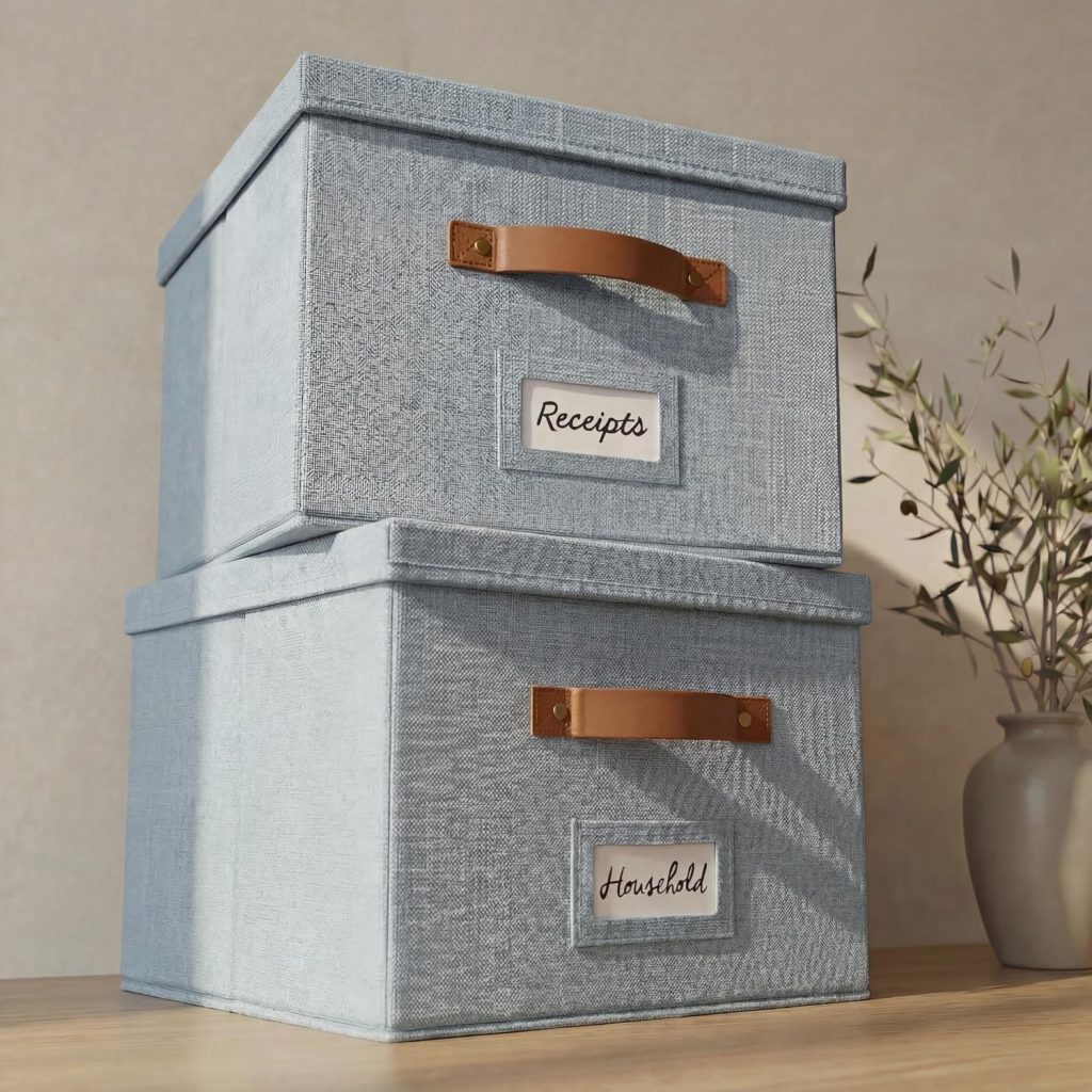Decorative File Organizer Box Set of 2 – Collapsible Linen Filing Cabinets