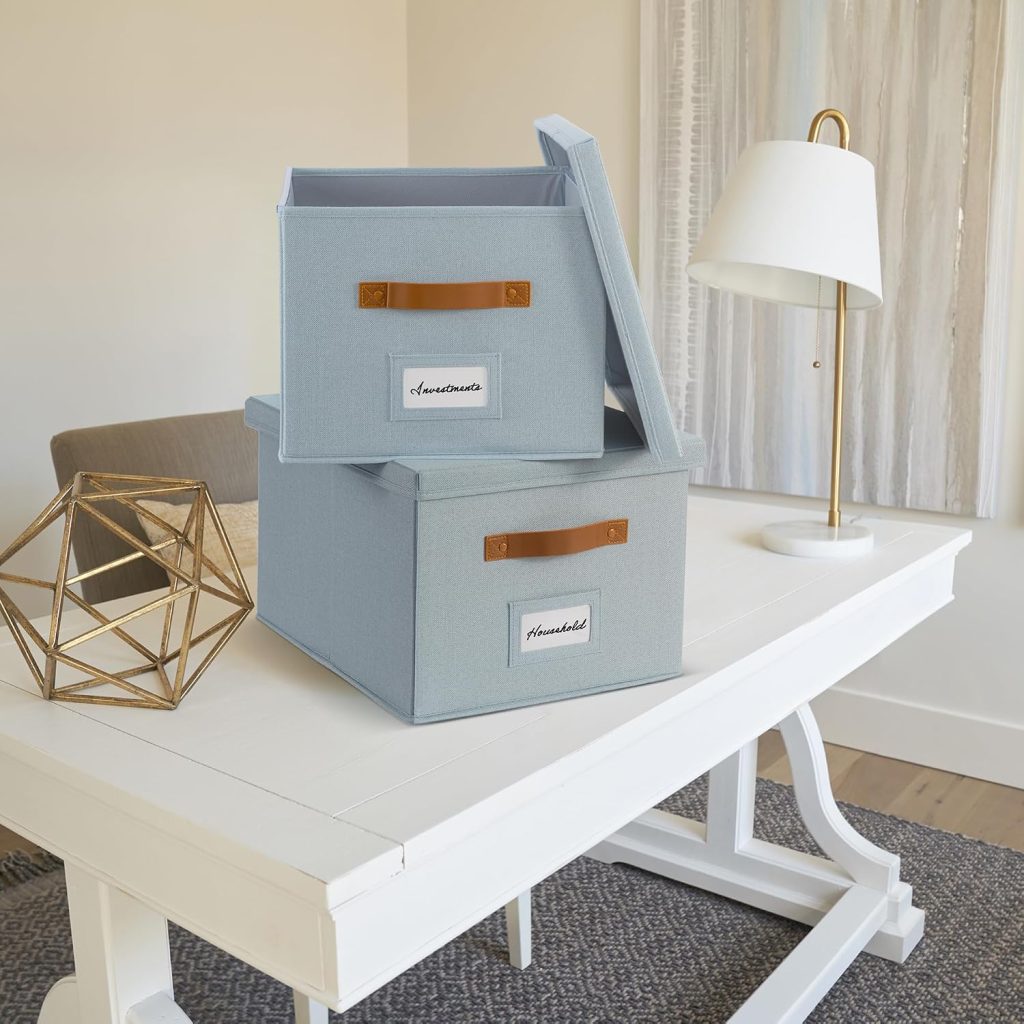 Decorative File Organizer Box Set of 2 – Collapsible Linen Filing Cabinets