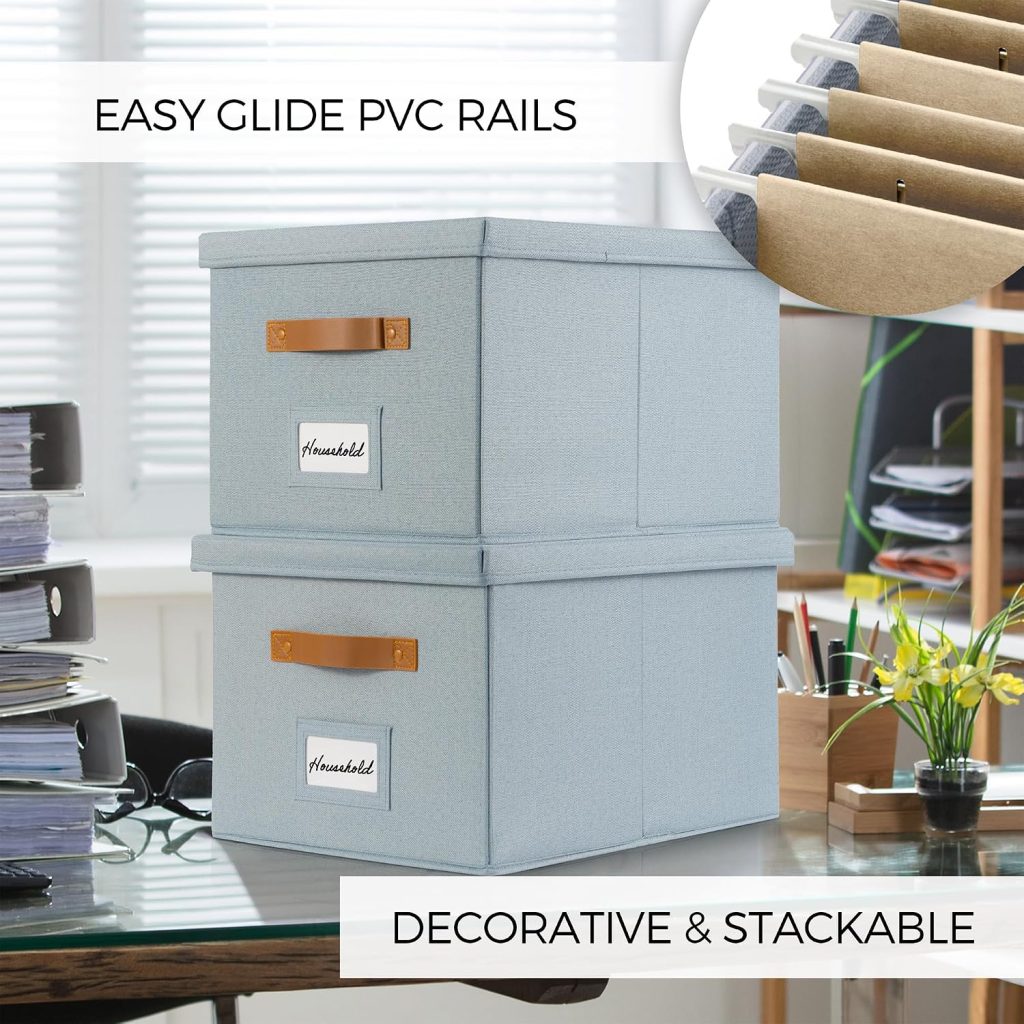 Decorative File Organizer Box Set of 2 – Collapsible Linen Filing Cabinets