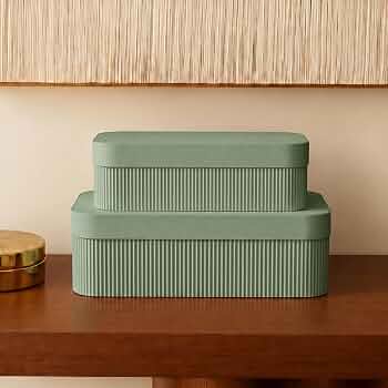 Decorative Storage Boxes with Lids – Set of 2 Fluted Photo Organizer Bins