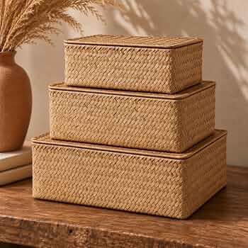 Decorative Wicker Storage Boxes with Lids – Set of 3 Seagrass Organizers