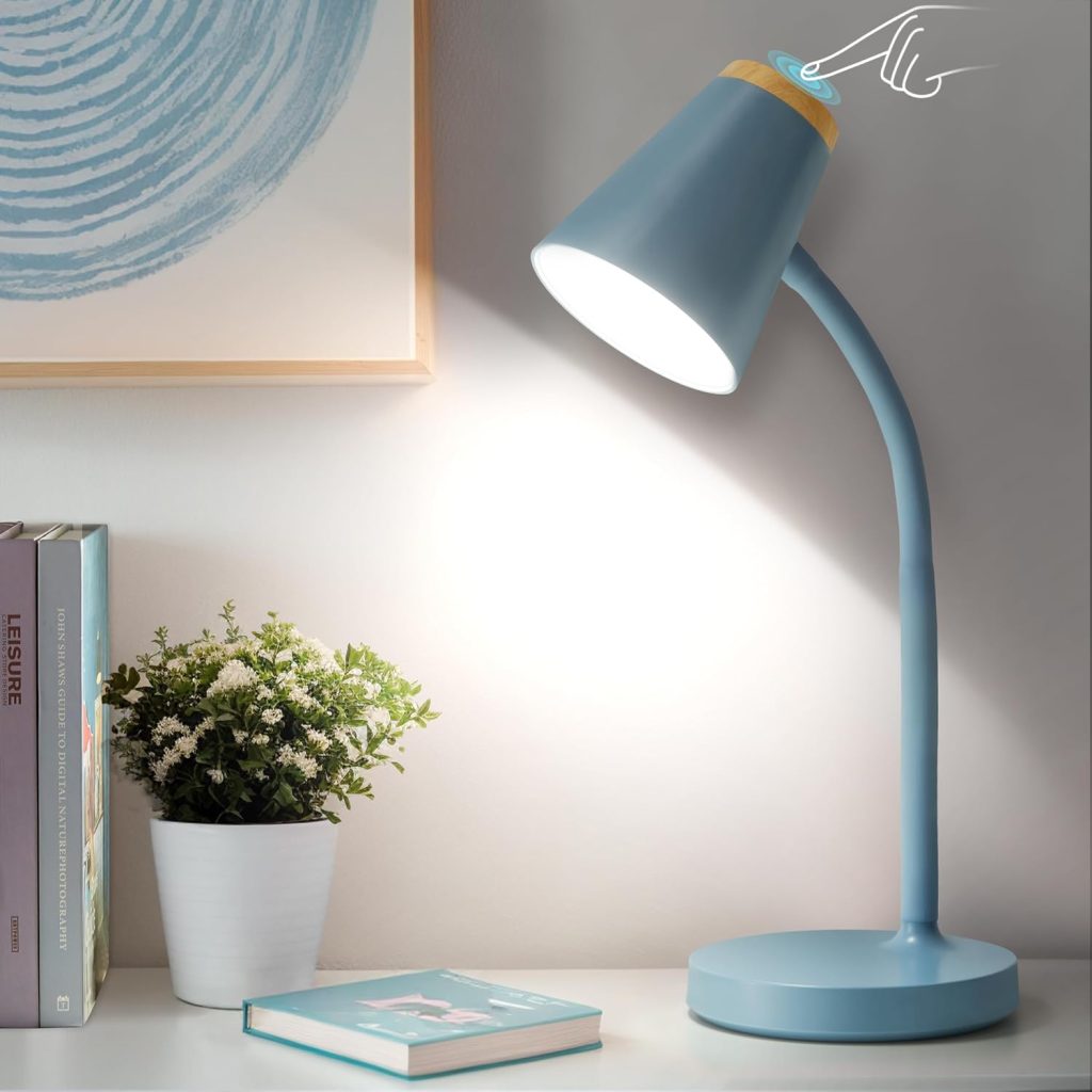 Desk Lamps for Home Office – Small LED Desk Lamp Touch Dimmable Reading Light for College Dorm Room – Adjustable Flexible Gooseneck Table Lamp for Bedside Bedroom Nightstand Blue