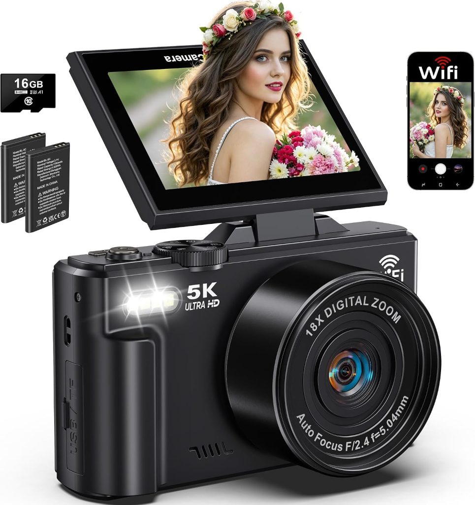 Digital Camera for Photography, 5K 75MP WiFi Vlogging Camera for YouTube