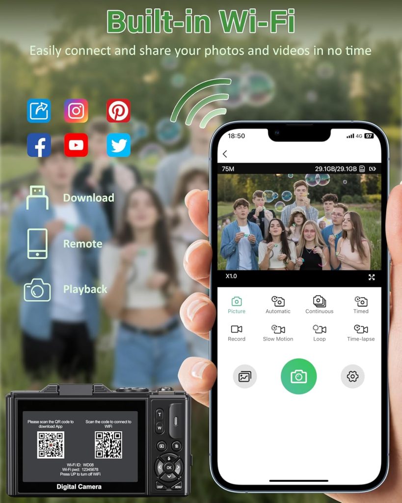 Digital Camera for Photography, 5K 75MP WiFi Vlogging Camera for YouTube
