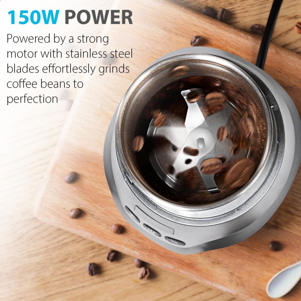 Digital Display Timer Electric Coffee Grinder, 150W Herb Grinder, Large Capacity Up to 12 Cups, Whisper Quiet, Safety Lock Feature, Removable Stainless Steel Cup for Spices, Herbs, Nuts (Silver)