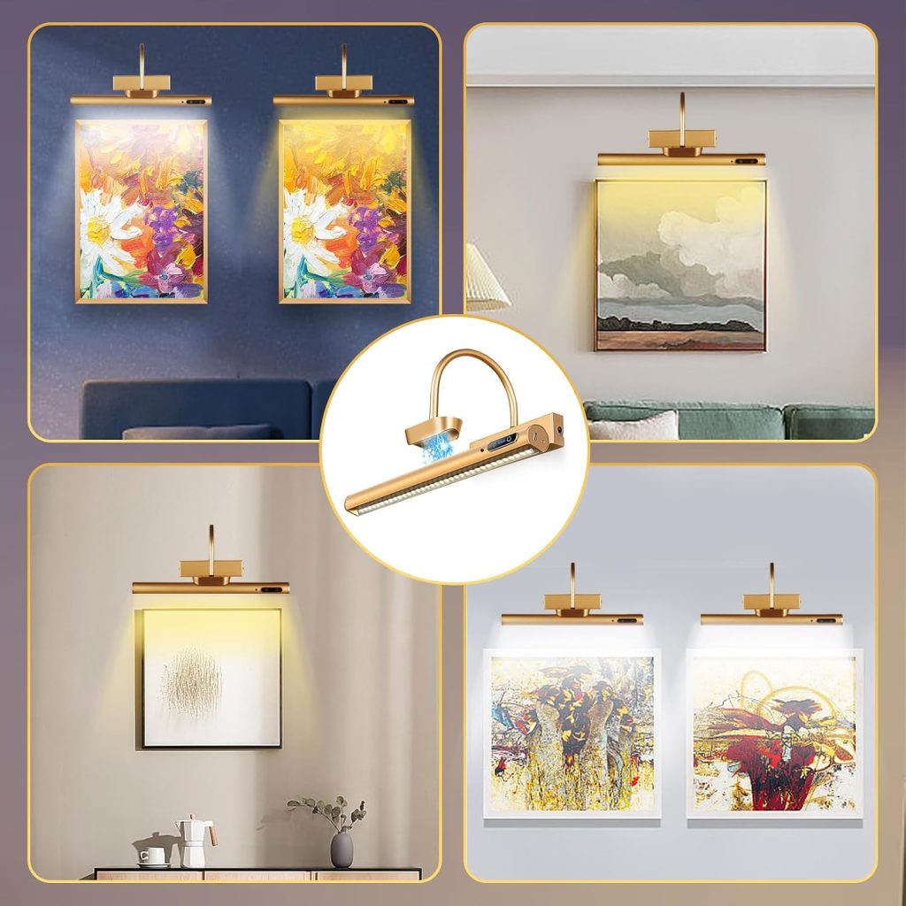 Dimmable Cordless Picture Light with Controller and Timer, Rechargeable 5000mAh Battery Wall Sconce for Wall Pictures, Gallery Artwork, Paintings, Portraits, Dartboards (Gold)