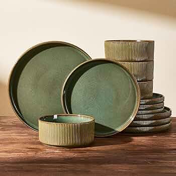 Dinnerware Set for 4, Reactive Glaze Plates and Bowls Sets