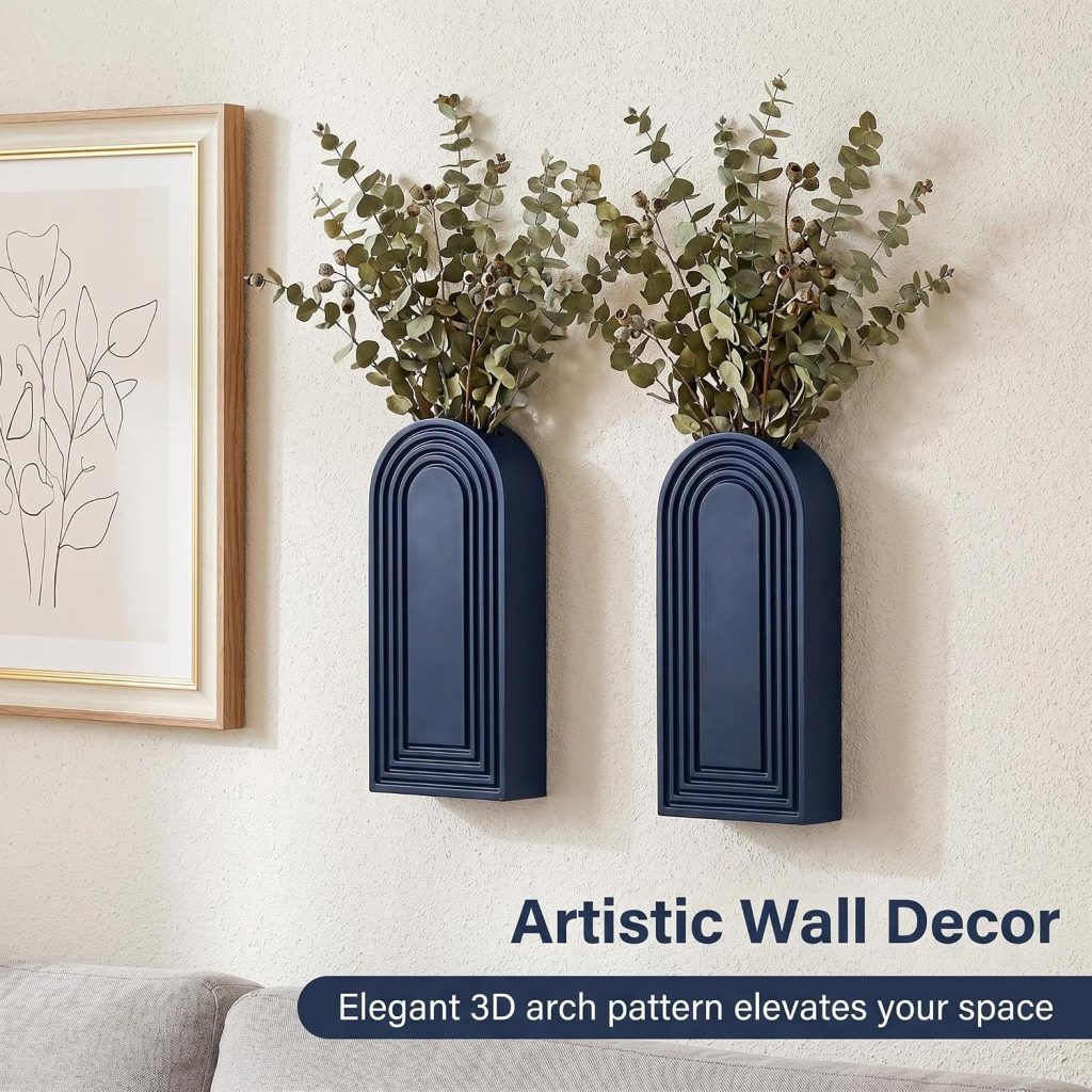 Dnnnii 2 Pack Wooden Wall Vase Set – Blue Finish Modern Farmhouse & Boho Wall Decor for Entryway, Hallway, Bathroom, Living Room, Dining Room, Narrow Spaces