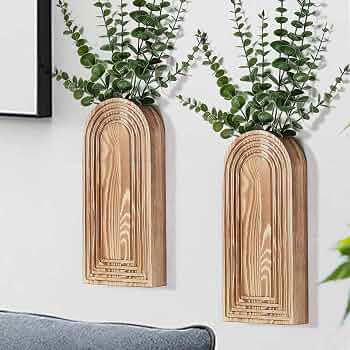 Dnnnii 2 Pack Wooden Wall Vase Set – Brown Finish Modern Farmhouse & Boho Wall Decor for Entryway, Hallway, Bathroom, Living Room, Dining Room, Narrow Spaces