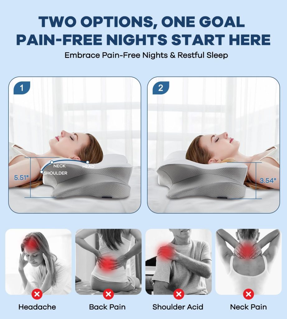 DONAMA Cervical Pillow for Neck and Shoulder Pain Relief, Cooling Contour Memory Foam Pillow, Dual-Height Ergonomic Neck Support Pillow for Side Back Stomach Sleepers with Removable Pillowcase