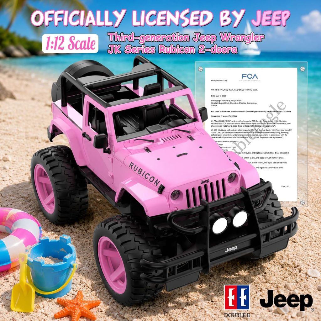 DOUBLE E Jeep Licensed 1:12 Pink Remote Control Car for Girls,2.4GHz 6-channel RC Jeep with 2 DIY Sticker Sheets,4WD Open Top Off-Road Vehicle, Auto Opening Doors, LED Lights,Multi-car Racing Gift Set