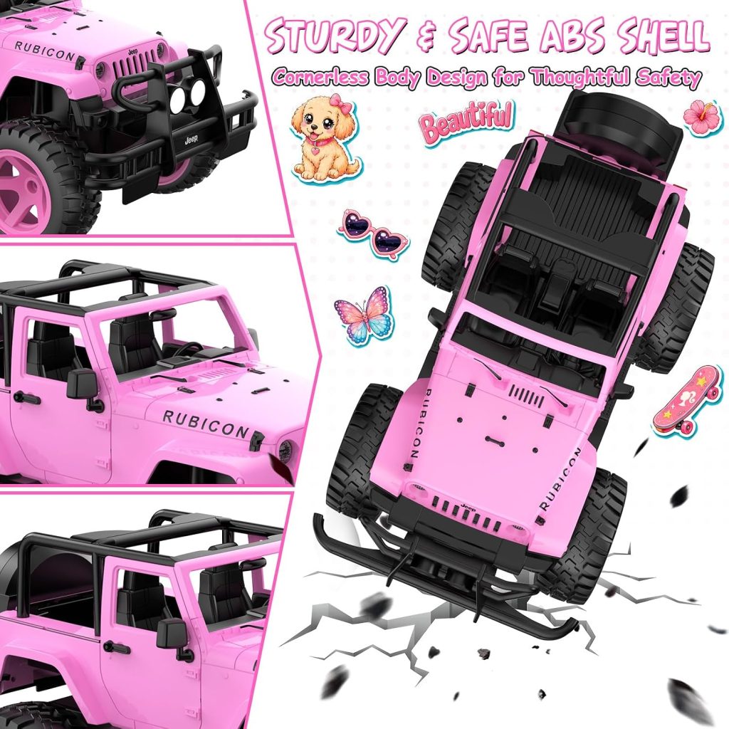 DOUBLE E Jeep Licensed 1:12 Pink Remote Control Car for Girls,2.4GHz 6-channel RC Jeep with 2 DIY Sticker Sheets,4WD Open Top Off-Road Vehicle, Auto Opening Doors, LED Lights,Multi-car Racing Gift Set